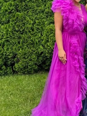 One-Shoulder Ruffle Tulle Gown in Fuchsia